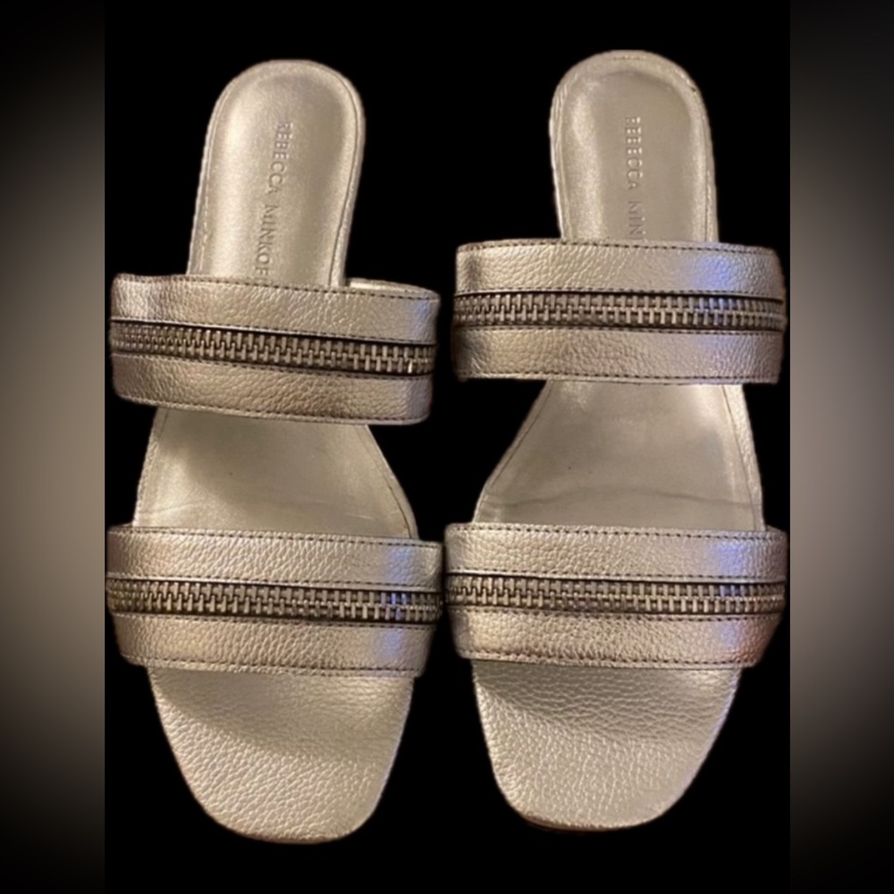 Rebecca Minkoff zipper detail sandals slides flats silver pewter leather sz 8.5